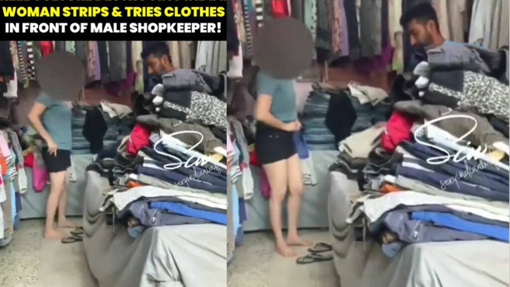 Girl changes her clothes in front of male shopkeeper