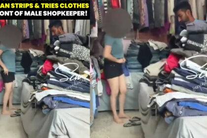 Girl changes her clothes in front of male shopkeeper