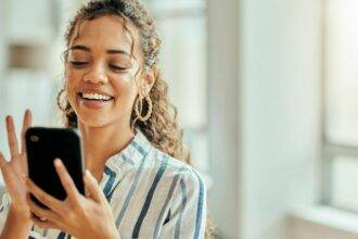 Social media connection and woman typing on a phone for communication Girl